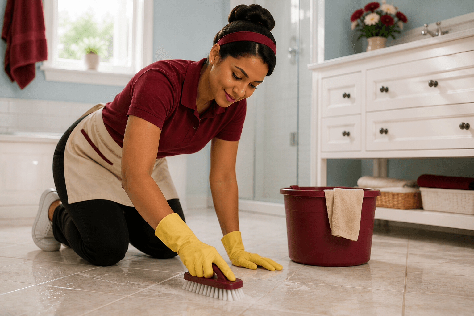 Hand-scrubbing tile floors on detail day
